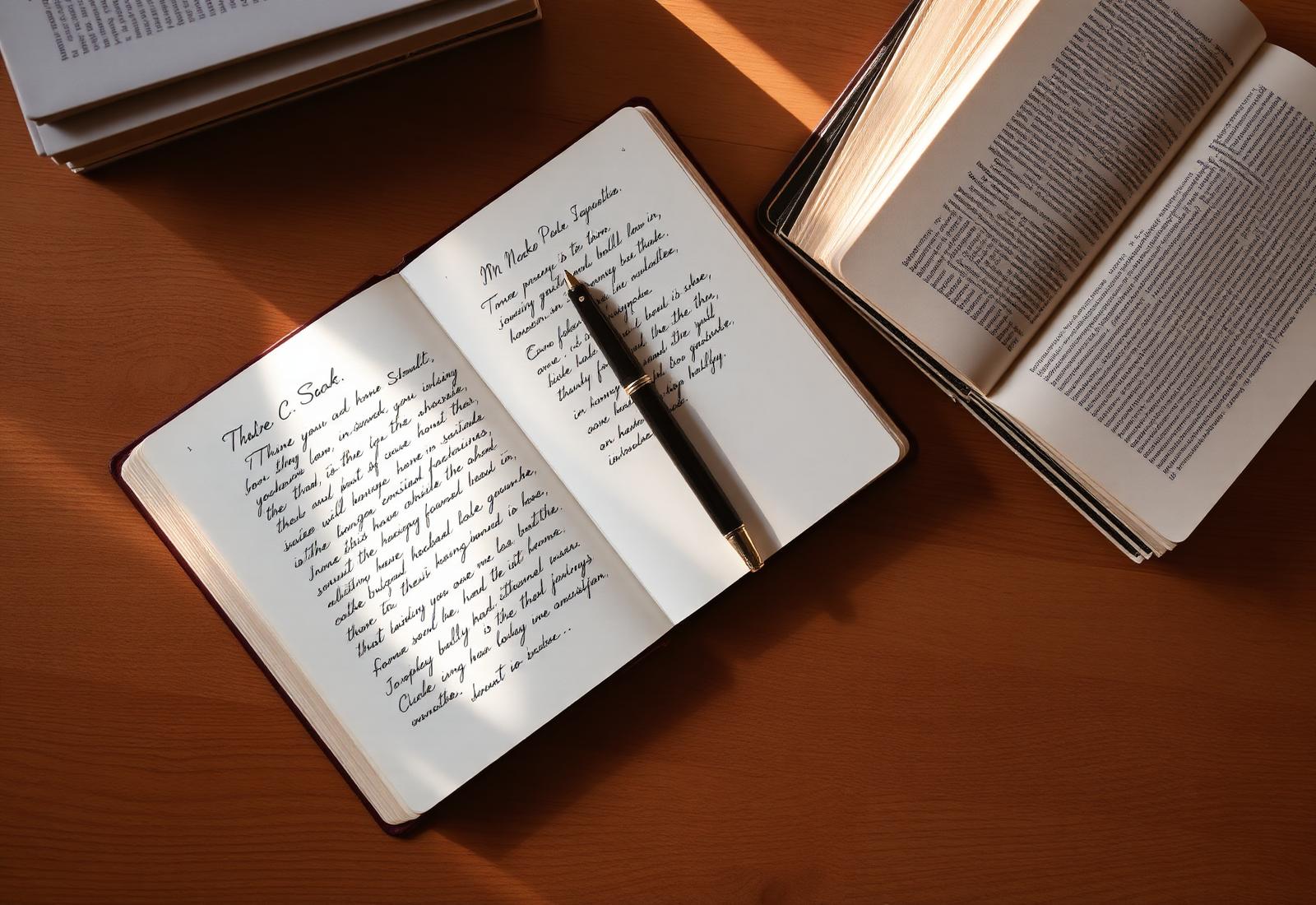 A notebook and books on a wooden desk